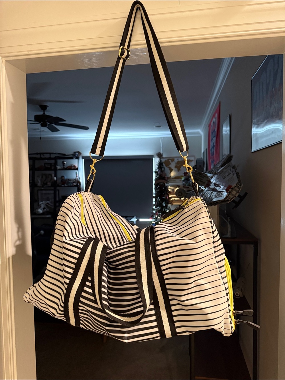 Striped Black & White Weekend Duffel Bag with Yellow Accents